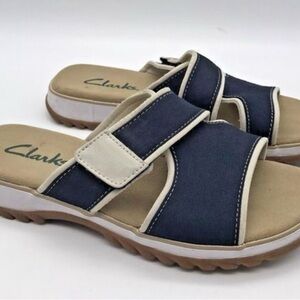 Clarks Hyannis Navy Taupe Canvas Slides Womens Hook & Loop Sandals (33544)